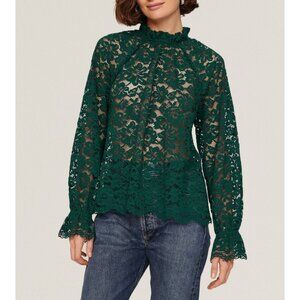 New Hill House Millie Lace Ruffle Neck Blouse Emerald Green S $125